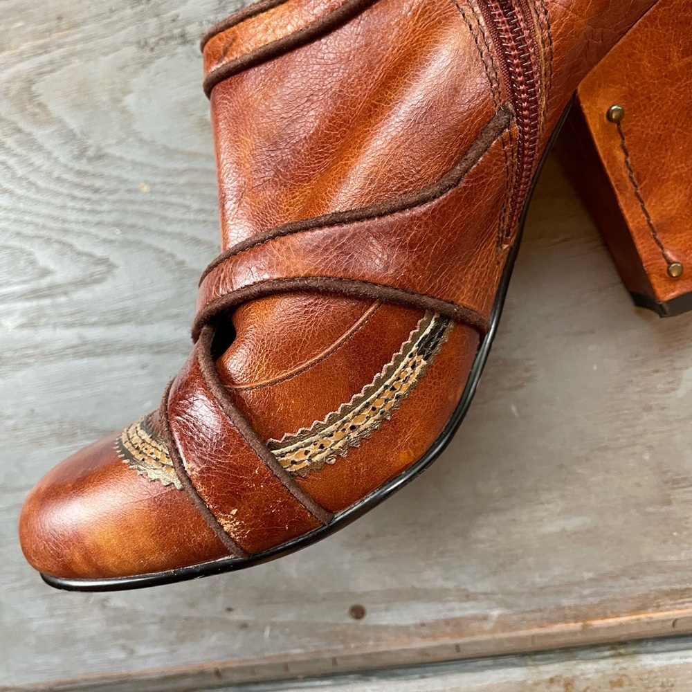 Women's Tan Leather Ankle Booties with Decorative Straps - Picture 5 of 8